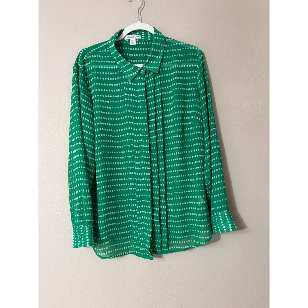 Coldwater Creek Green Dotted Stripe Chiffon Blouse Plus Size 1X 18 Long Sleeve
